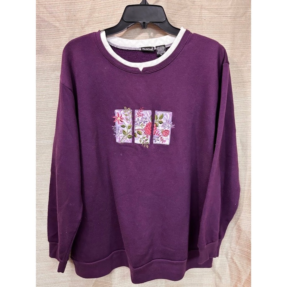 North Crest Womens XL Purple Floral Embroidered Layered Neck Sweatshirt Pullover